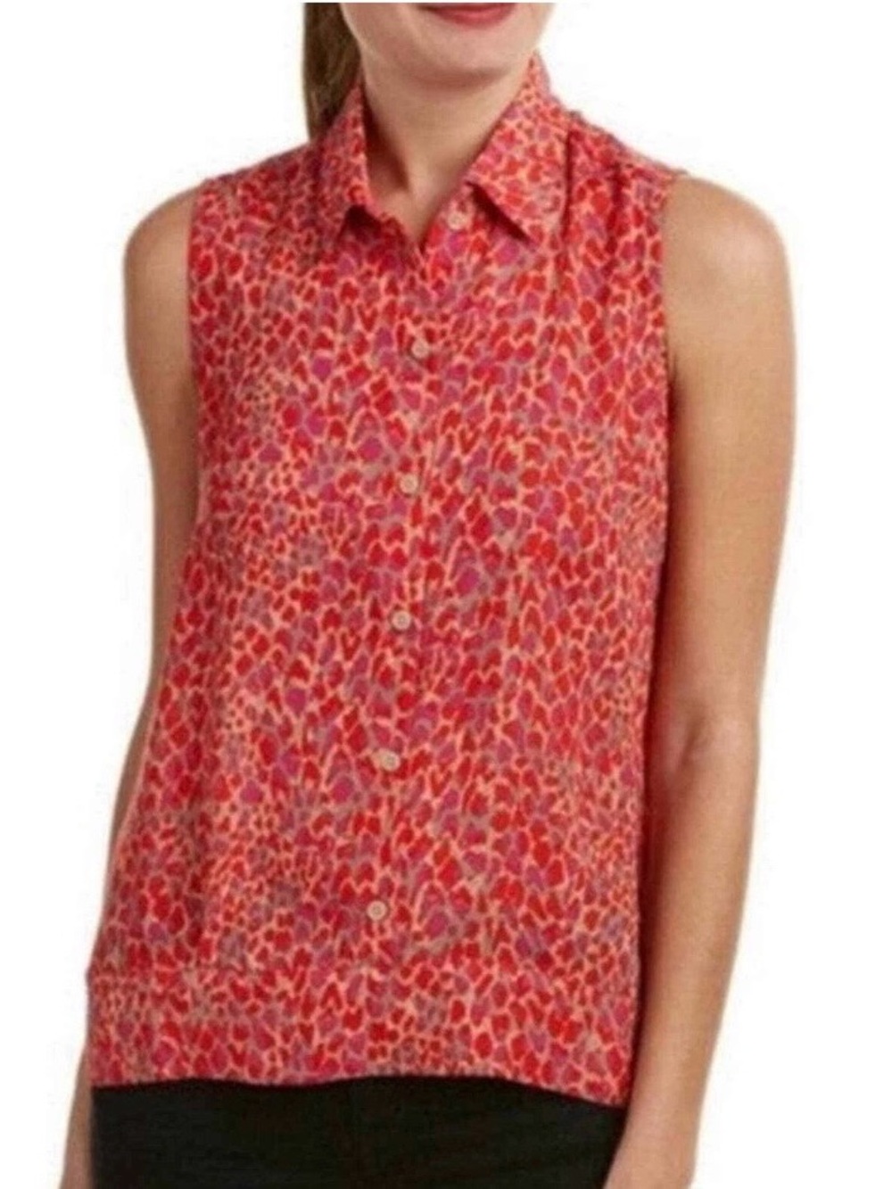 CAbi Sleeveless Button-Down in Red and Pink Animal Print